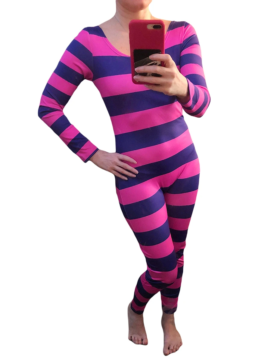 Women\'s Cheshire Cat Halloween Costume Pink Purple Striped Long Sleeve Jumpsuit Cosplay Outfits Festival Costumes