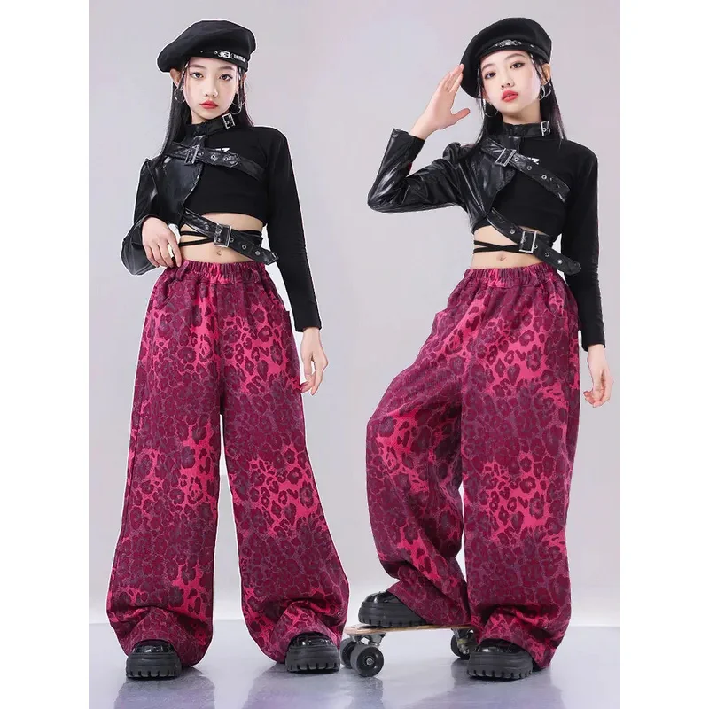 Ropa de actuación de baile de Jazz, trajes umbilicales, ropa de ensayo de pasarela para niñas, conjunto de pantalones cortos con estampado de leopardo rosa de 6 a 16 años