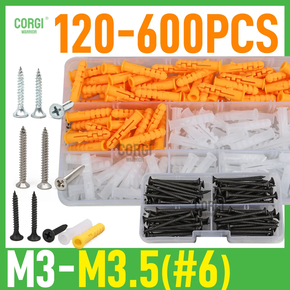 120-600 M3 M3.5 #6 Wood Screws Assortment Kit Phillips Tips Flat Head Self-Tapping Screw Set Black White Galvanized Carbon Steel