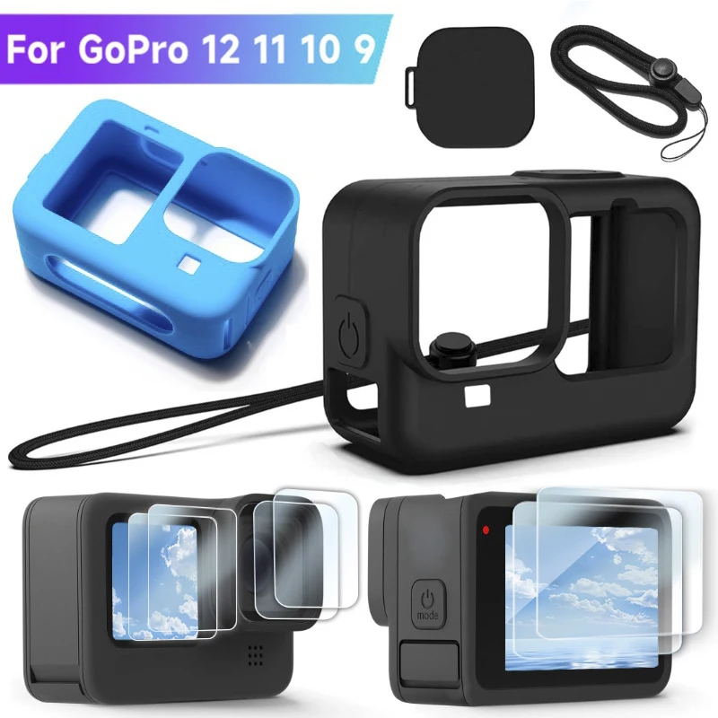 Silicone Case for GoPro Hero 12 11 10 9 Tempered Glass Screen Flim Protector Lens Film Cap Protective Cover for Go Pro 11 Case