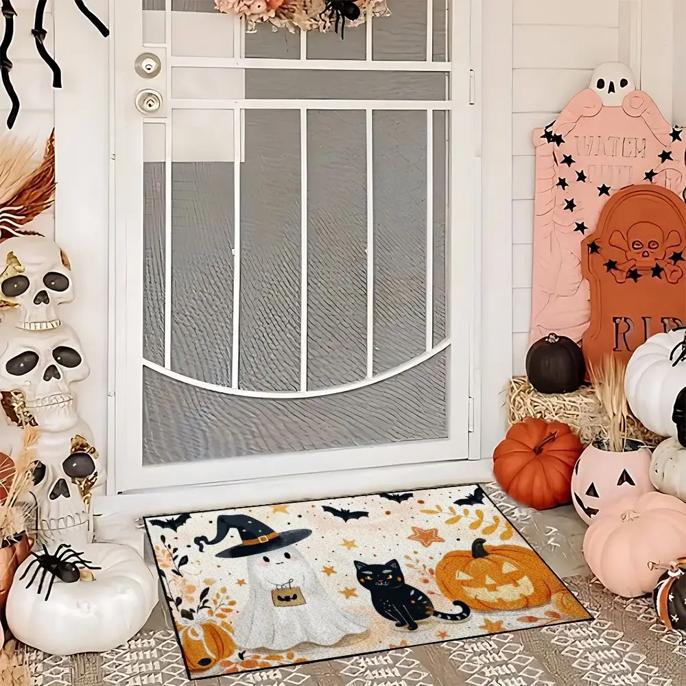 VIKAMA-alfombra para puerta de entrada de Halloween, alfombra para suelo de entrada con esqueleto de calabaza, absorbente de agua, resistente a la suciedad, alfombrilla para pies de terciopelo de cristal