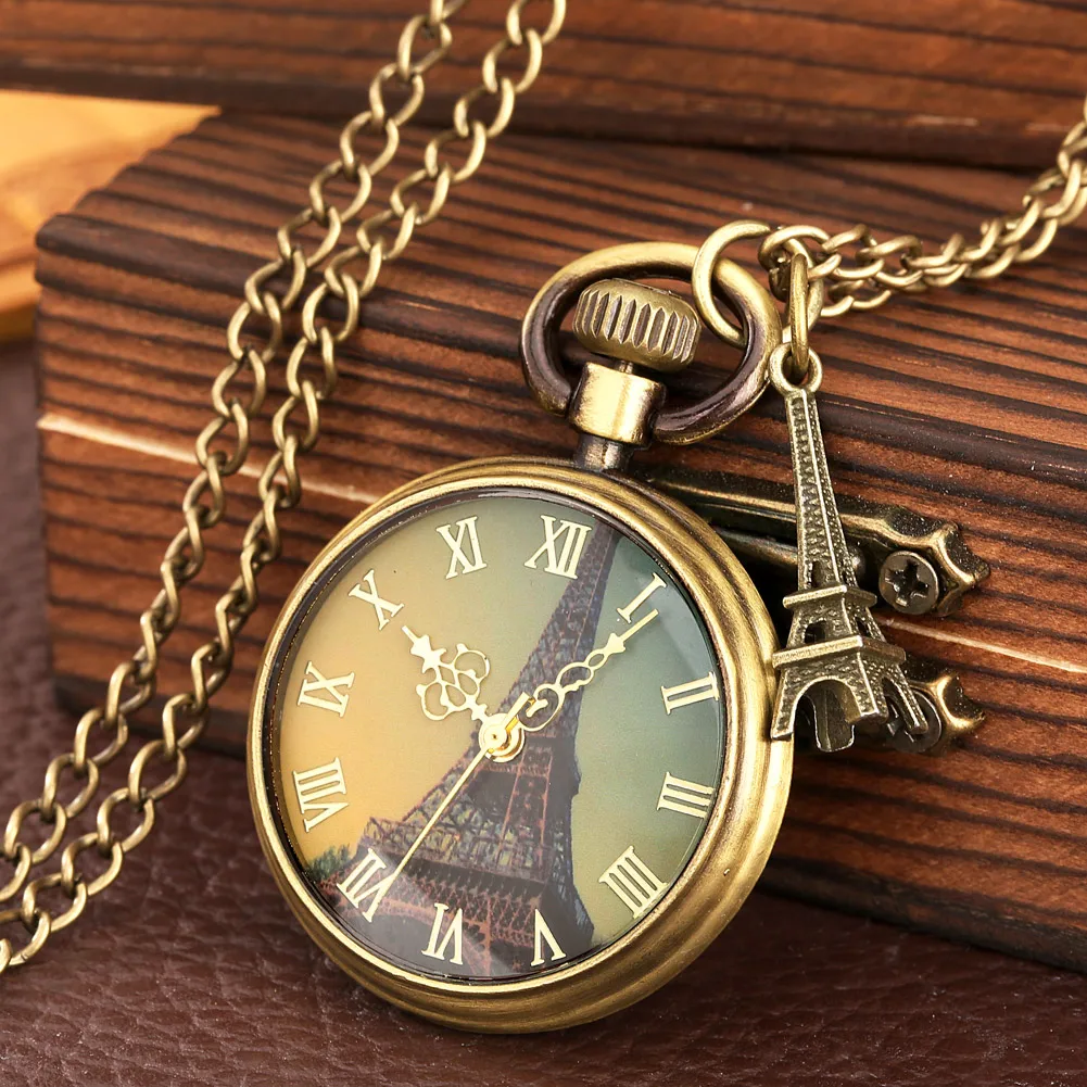 La Tour Eiffel Taschenuhr mit Turm Zubehör Männer Keine Abdeckung Anhänger Kette Uhr Frauen Retro Quarzuhr Römische Ziffer zifferblatt