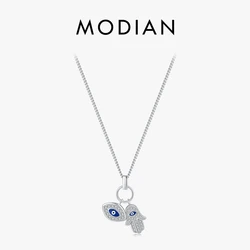 MODIAN 925 Sterling Silver The Hand of Fatima Eyes Sparkle Clear Zircon Pendant Necklace Lucky Neck Chain For Women Fine Jewelry