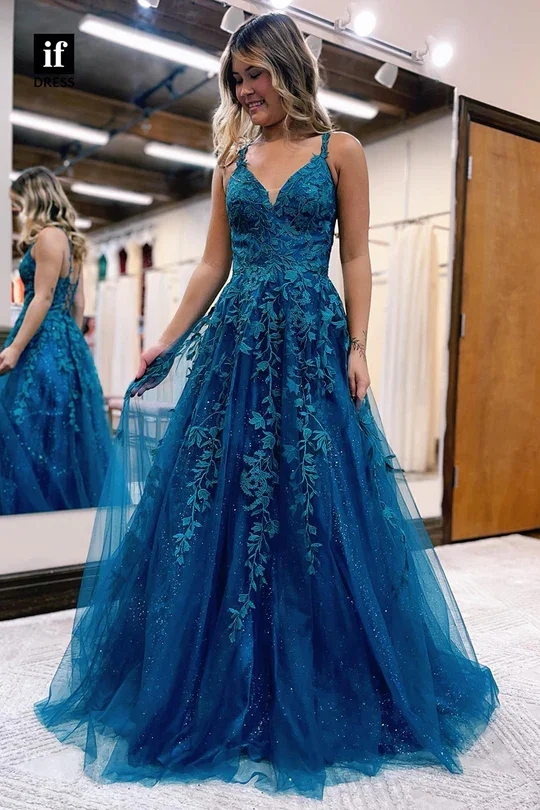 Xijun Glitter Blue Evening Dresses Lace Party Dresses Prom Dress Spaghetti Strap A-Line Prom Gowns Flower Appliques 2023 V-Neck