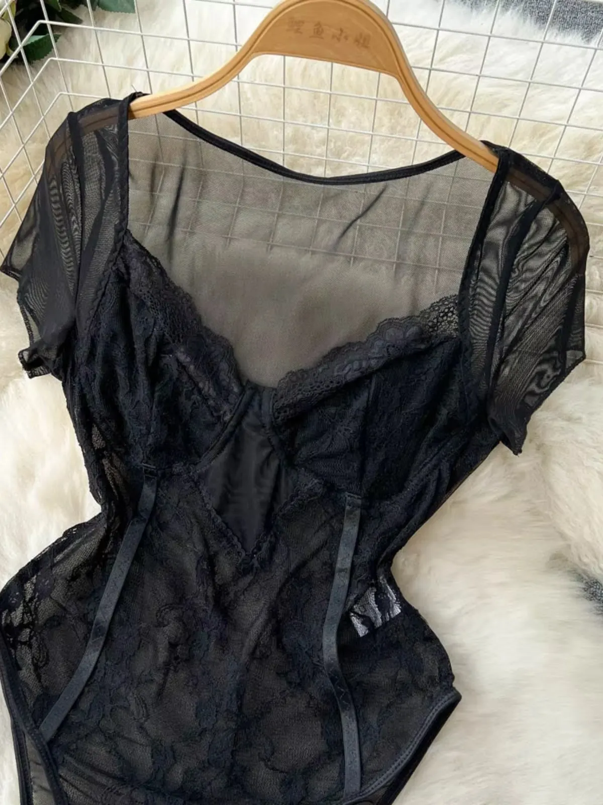 ssTss New Design See Through Mesh Lace Bodysuits for Women Sexy Black V-neck Short Sleeve Skinny Fit High Waist Club Body Top