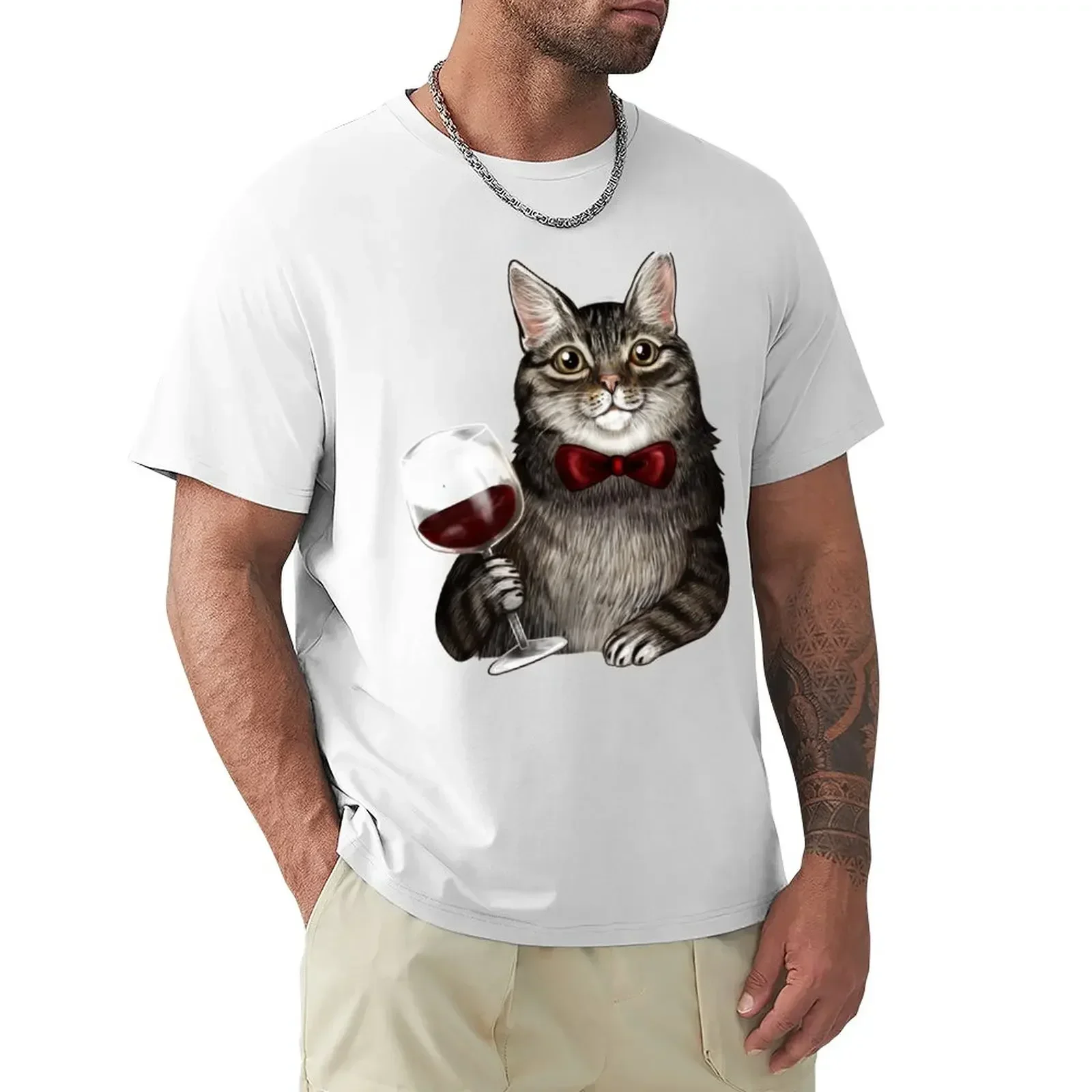 Wine Cat Grey Tabby T-Shirt hot sale tops mens clothes tshirts for mens designer clothing funny vintage graphic t shirts summer,