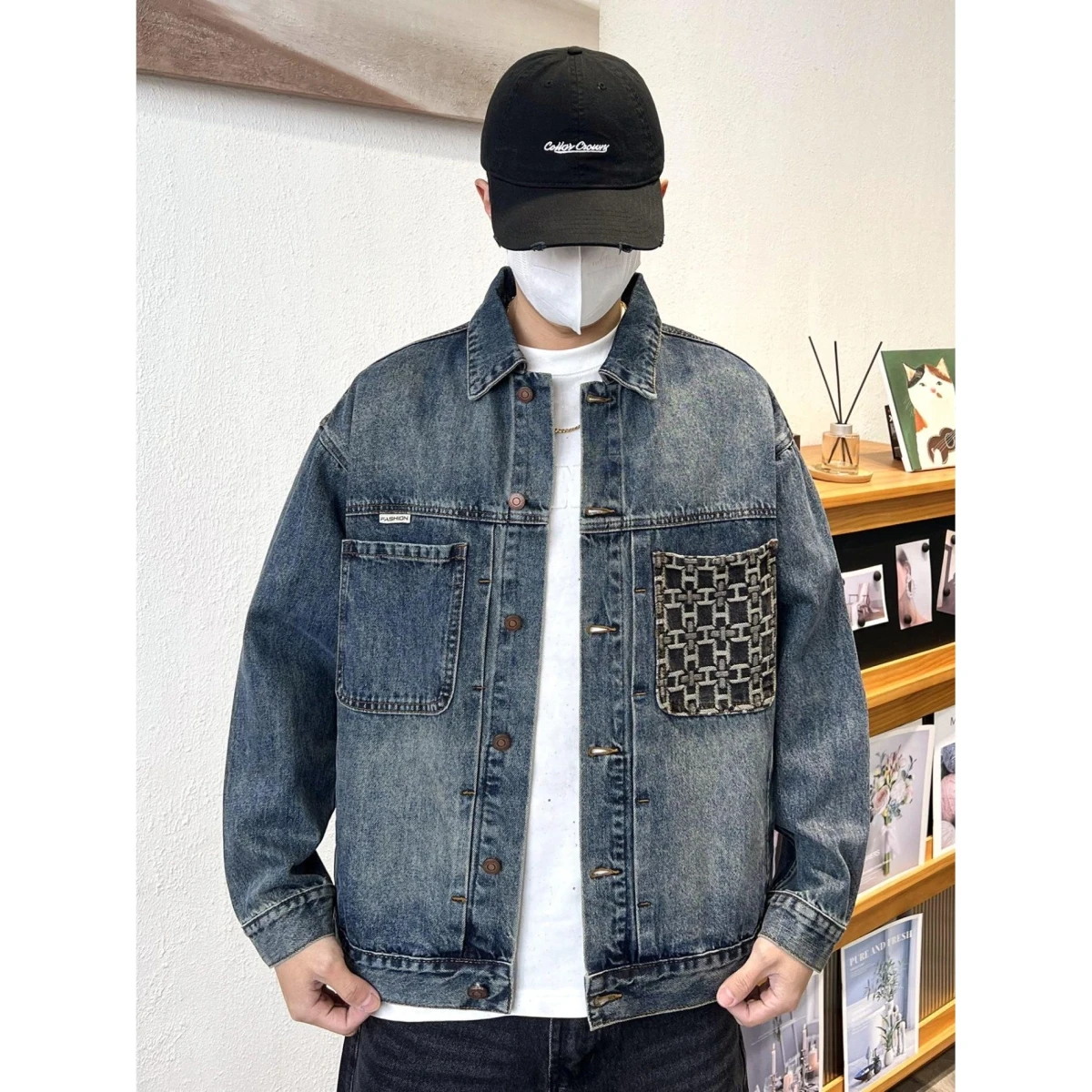 

Ретро-куртка-рубашка из выстиранного денима в американском стиле, свободного кроя, с длинными рукавами и воротником, для мужчин, модная осенняя верхняя одежда из дышащей хлопковой смеси