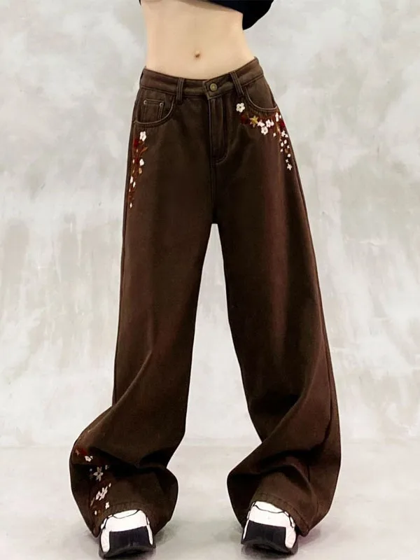 

Женские джинсы с высокой талией и широкими штанинами, повседневные, с вышивкой, из денима, весенняя новинка, удобные, стройнящие, прямого кроя