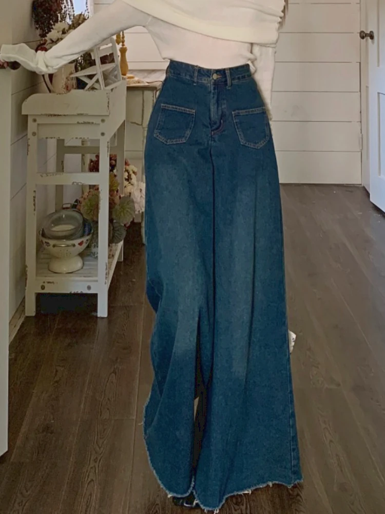 

Blue Y2k Elegant Loose Denim Pants Women High Waist Vintage Fashion Flare Jeans Female Designer Korean Style Wide Leg Pants 2023