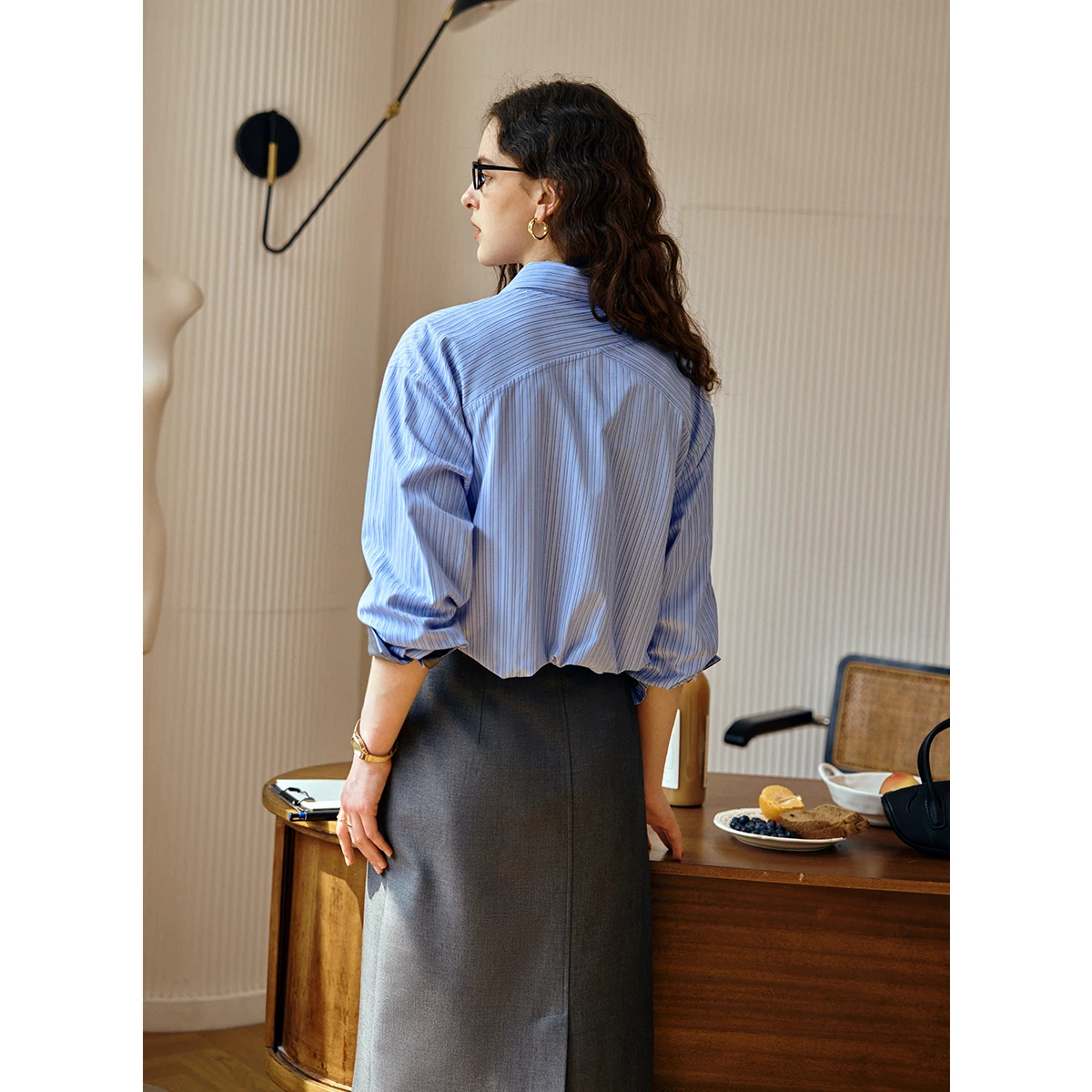 OLrain Women's Striped Shirt 2025 Autumn New Arrival Casual Contrast Placket Loose-fit Turn-down Collar Shirt Tops O57QC001283