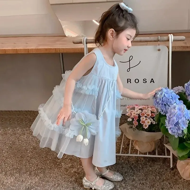 

2 4 6 7Y Children'sVest Dress 2026 Summer New Fashionable Little Girl Princess Dress Free Bag