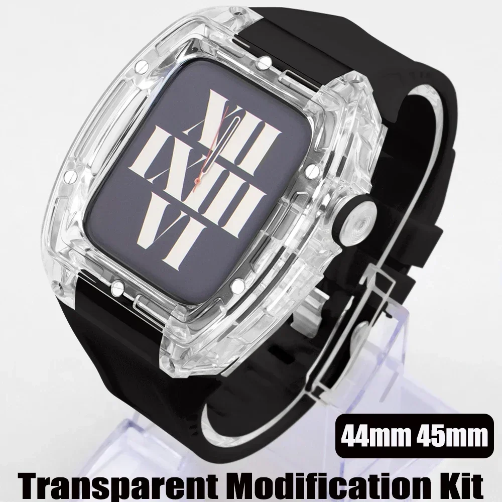 Transparent Modification Kit for Apple Watch 9 8 7 6 SE 5 4 Glacier Case Rubber Strap for Iwatch Series 44 45mm Sport Band Cover