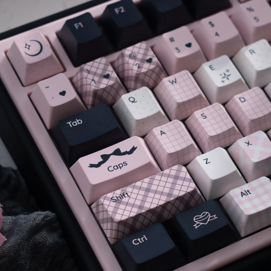 URE Gradient Niedliche Tastenkappen, Farbsublimationsdruck, Cherry-Profil, PBT-PC-Tastenkappen, niedliche rosa Schleifen-Tastenkappen für Mädchen, für mechanische MX-Tastaturen