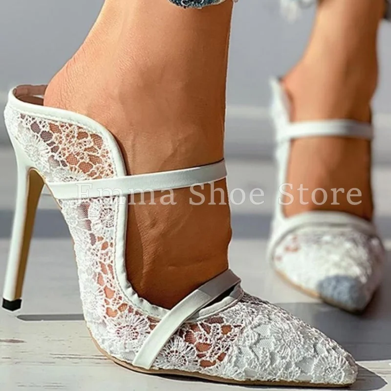 

White French Lace Hollow Sandals Pointed Toe Stiletto Heel Shallow Strap Slip On Wedding Shoes Elegant Women's Dress Shoes