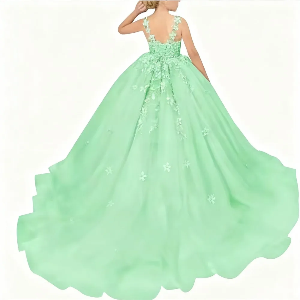 Abito da sposa per ragazza di fiore rosa di lusso senza maniche con applicazioni floreali gonfie per bambini per abito da ballo da principessa per comunione