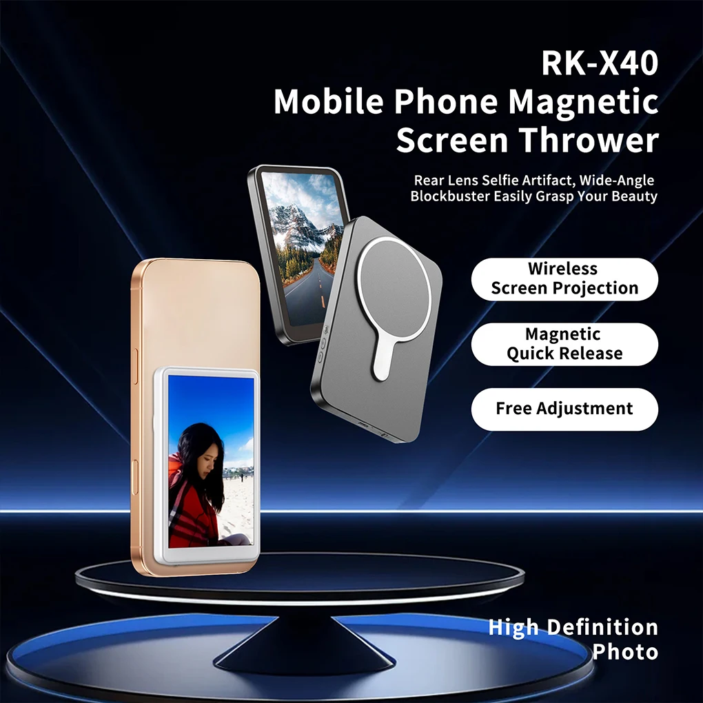RK-X40 Magnetic Vlog Selfie Screen Phone Rear Camera Selfie Monitor Display For iPhone 16 15 14 Pro Max iOS Android Phone White