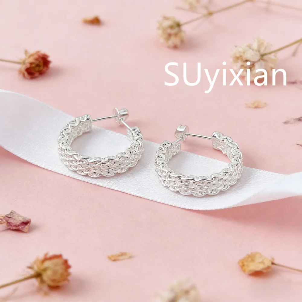 

925 Sterling Silver Simple Mesh Earrings Woven Earrings Birthday Party Anniversary Gift Daily Wear