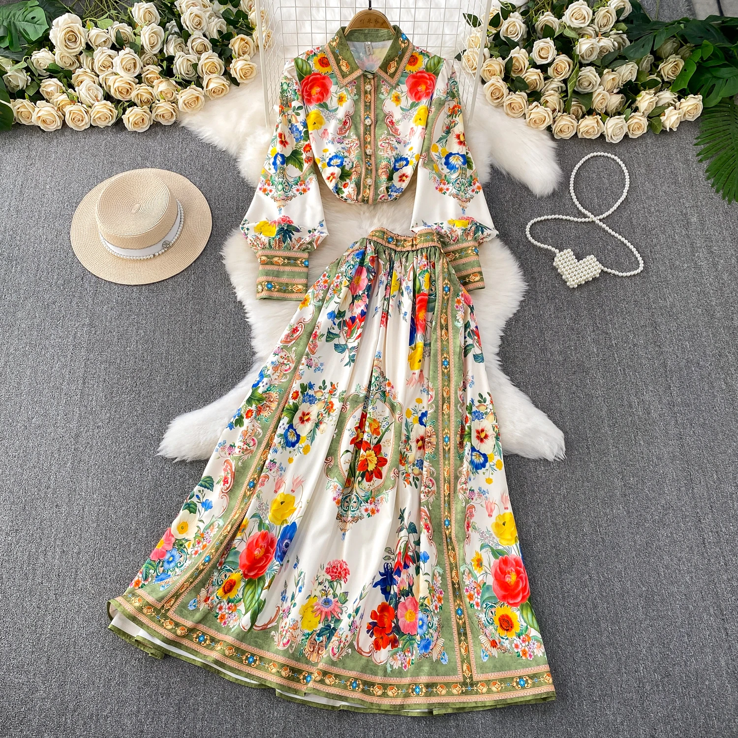 Ensemble deux pièces jupe imprimée, chemise à manches longues, jupe trapèze, ensembles assortis, costume de vacances français élégant pour femmes, automne