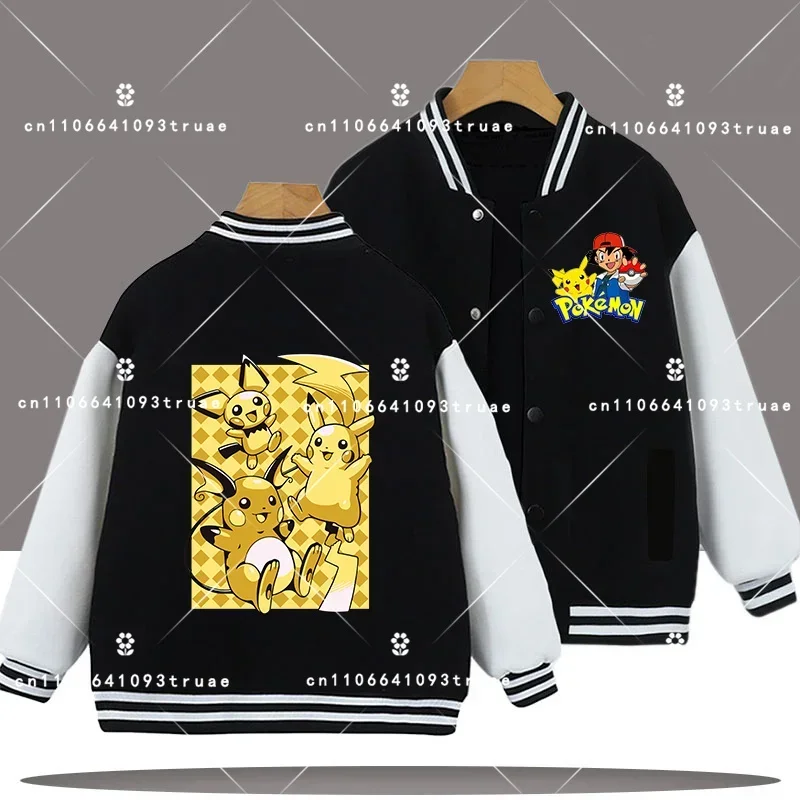 

2025 New Children's Baseball Uniform Pikachu Boys' Sport Shirt Girls' Casual Top Pokémon Cartoon Print Spring/Summer Jacket