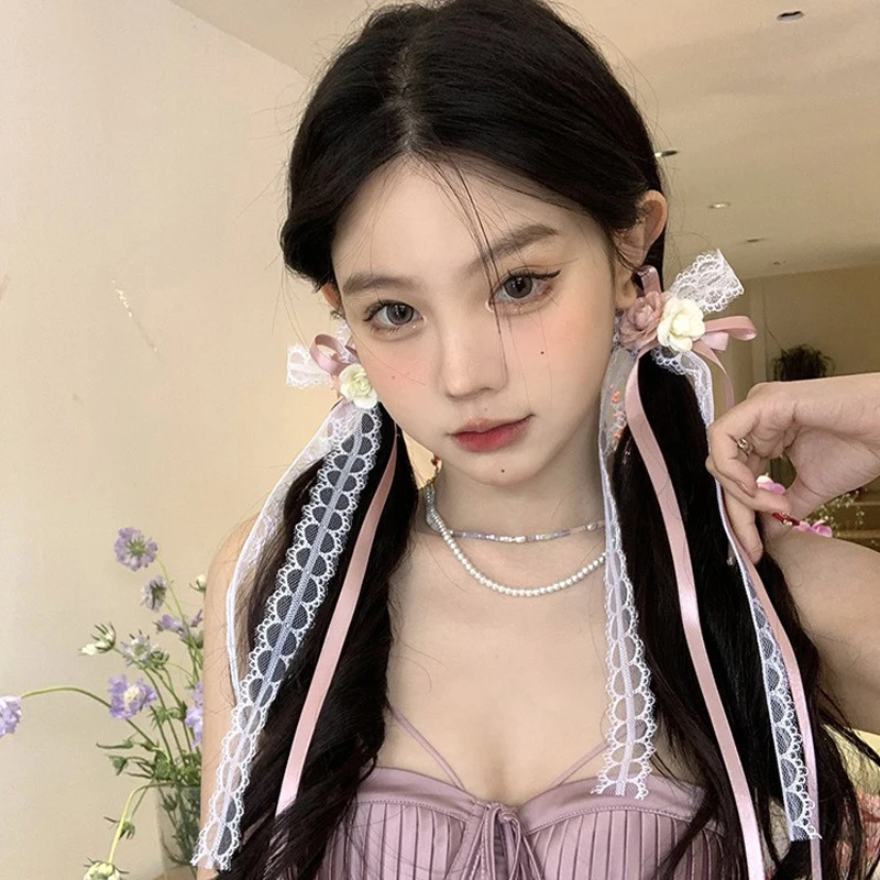 

Женские заколки для волос, комплект из 2 шт., корейские милые милые ленты, кружевной бант, кавайный головной убор, заколка для волос, высококачественные универсальные аксессуары для волос