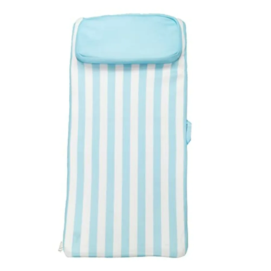 Pool and lake float for single person, blue/white inflatable roll-up sun bed with pillow headrest and removable soft mesh cover