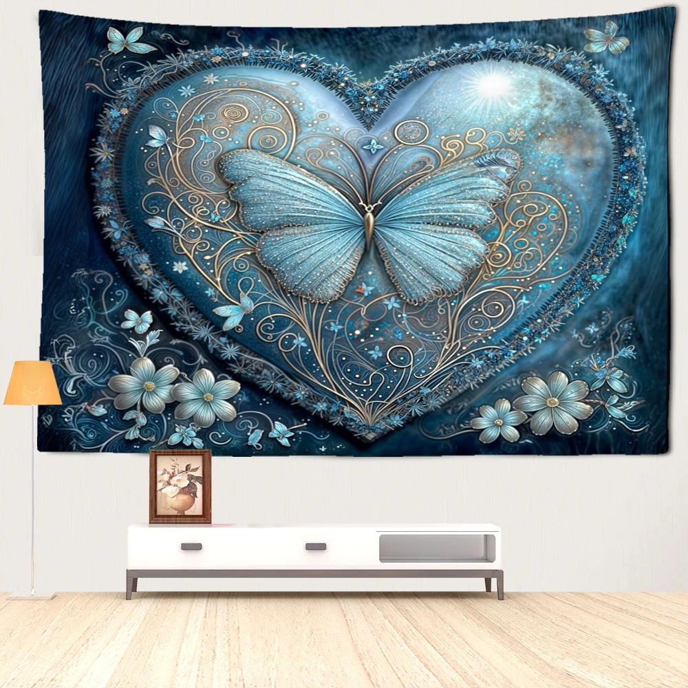 Blue Love Butterfly Tapestry Wall Hanging Retro And Minimalist Art Bohemian Hippie Tapitz Dormitory Bedroom Home Decor