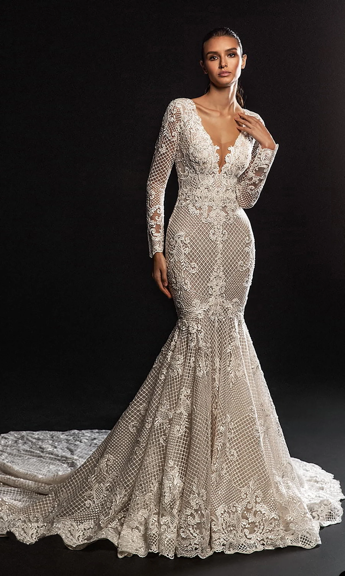 Gorgeous Mermaid Wedding Dress for Women V-neck Whole Body Lace Applicants Complex Chapel Gown Custom Made Robe De Mariée 웨딩드레스