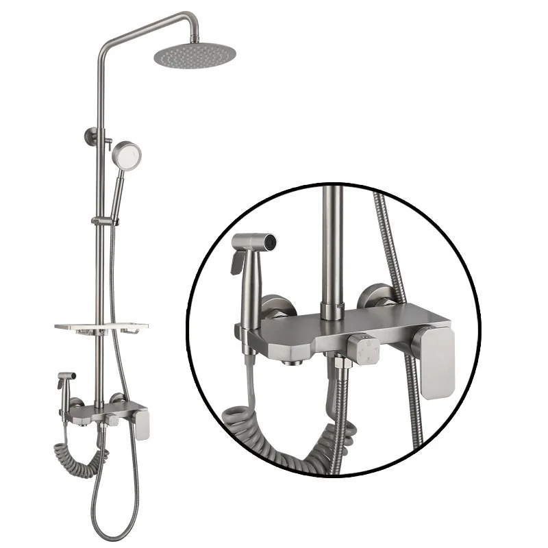 Brushed Bathroom Faucet Set Stainless Steel Multi-function Shower System  Cold and Hot Mixer Tap Lifting Top Spray