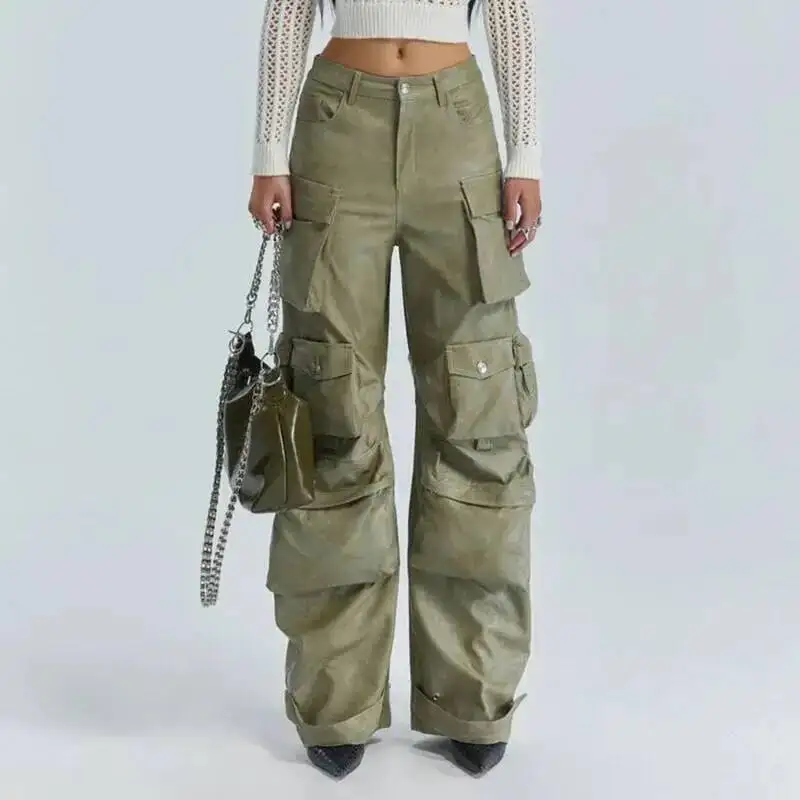 HKSH Multi Pocket PU Leather Cargo Pants Autumn New Women Safari Style Personalized Spliced Loose Casual Wide Leg Trousers H2939