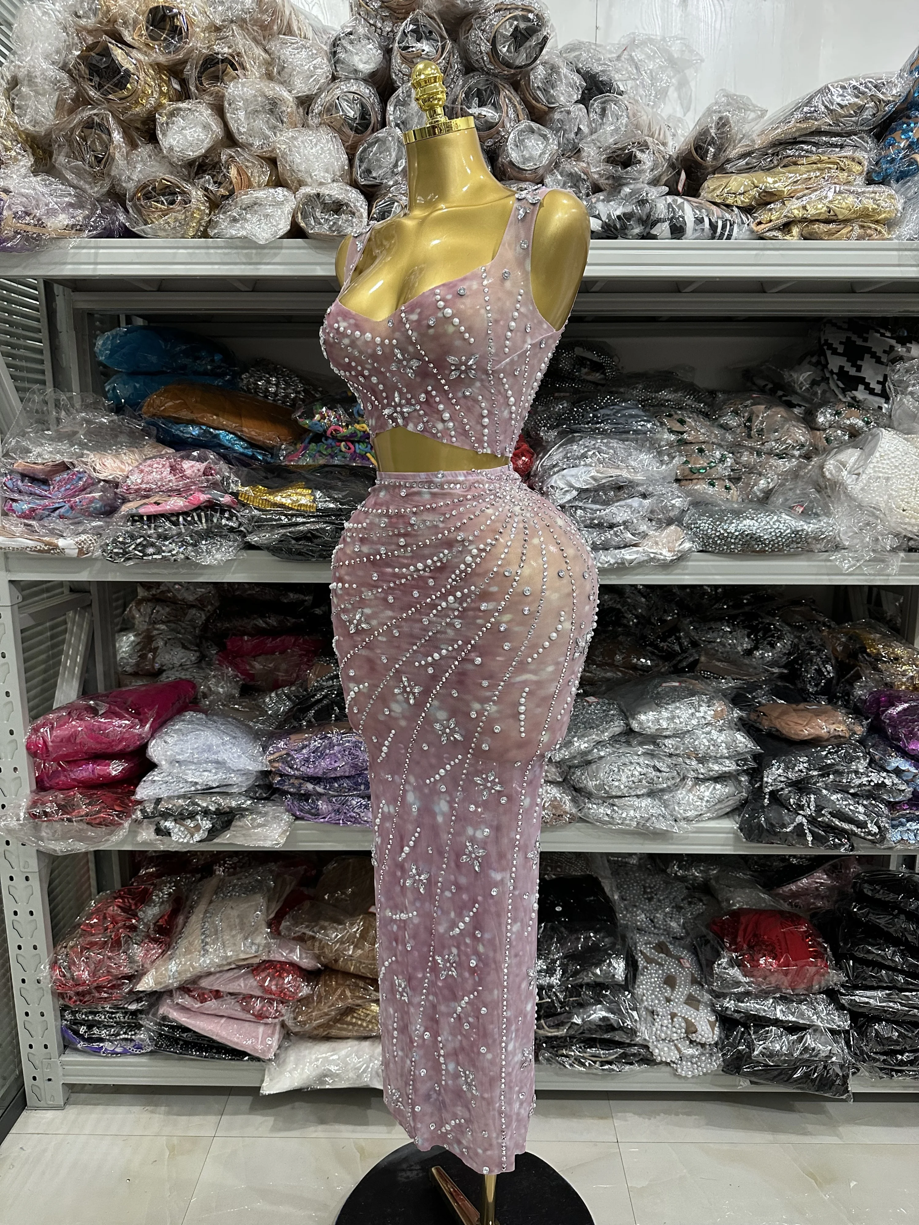 Pink Color Women Sleeveless Sexy 2 Pieces Mesh See Through Bodycon Long Dress Celebrate Evening Party Birthday Photoshoot Wear