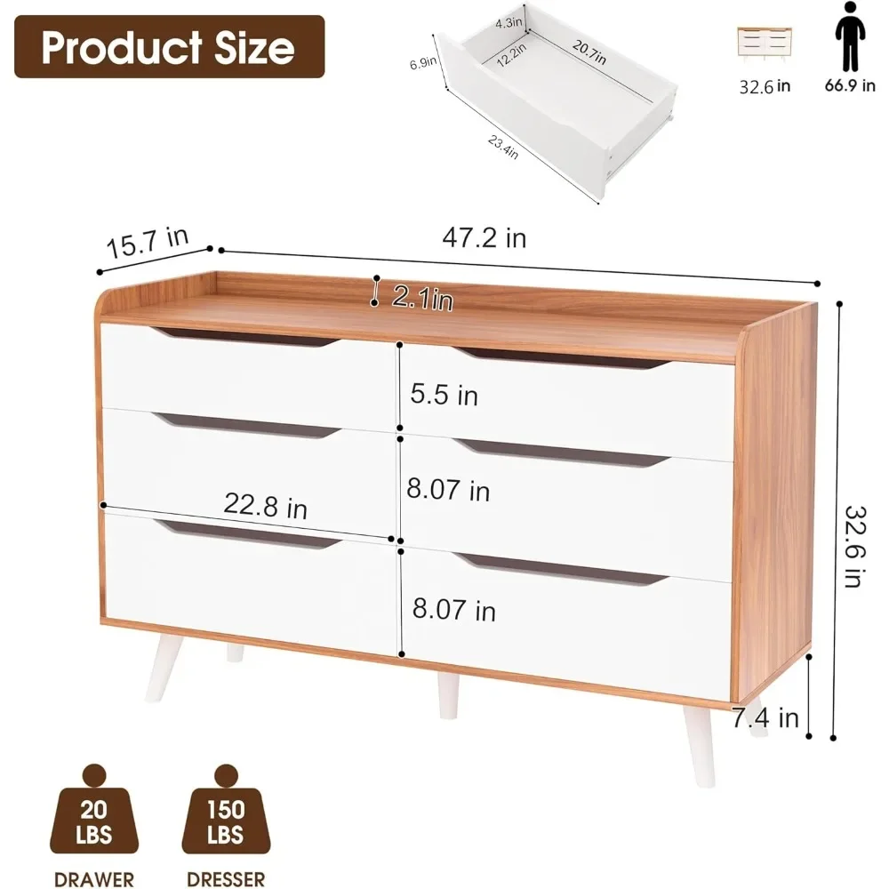 6 Drawer Double Dresser for Bedroom, 48