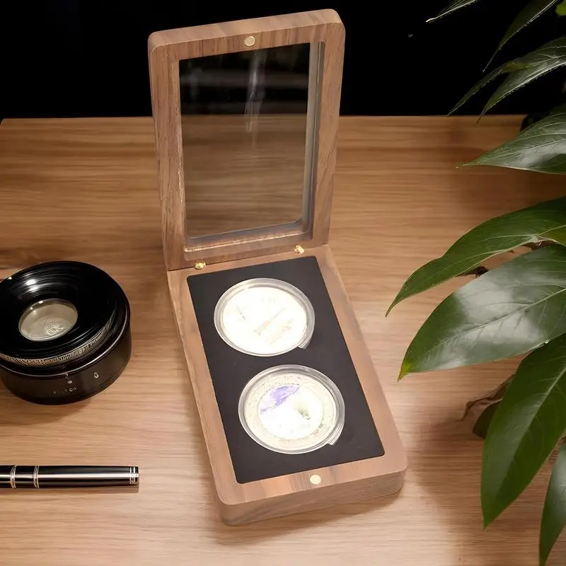 Coin Box Challenge Coin Display Box Wood Black Walnut Souvenir Emblem Organizer For Displaying Collectible Badge Case