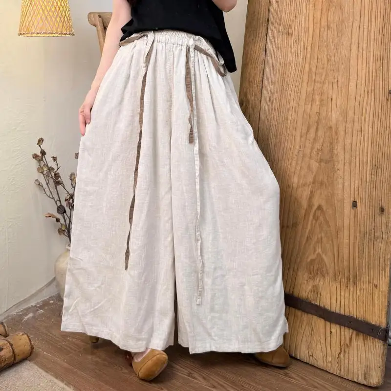 Printemps été Arts Style femmes taille élastique pantalon décontracté ample bonne qualité coton lin Vintage noir pantalon à jambes larges TH149