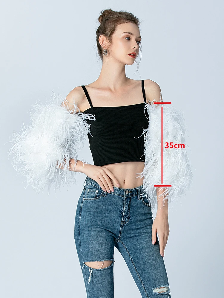 Feather Cuffs Party Wedding Furry Sleeve Cuffs Women Fashion Fur Sleeve Glove Sleeve Real Ostrich Feather White Long Sleeve 2022