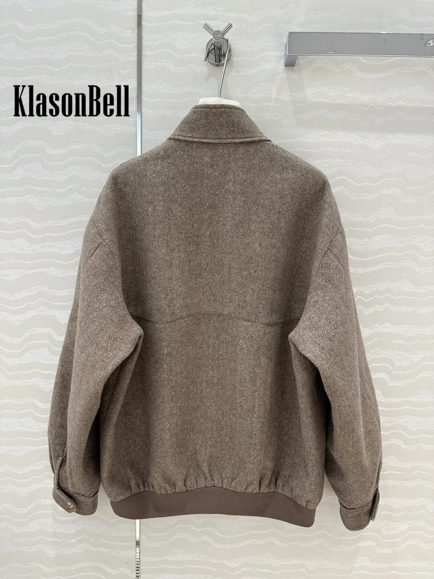 9.12 KlasonBell Wool Herringbone Letter Embroidery Pocket Zipper Men Women Same Stand Collar Jacket Or Loose Short Skirt Set