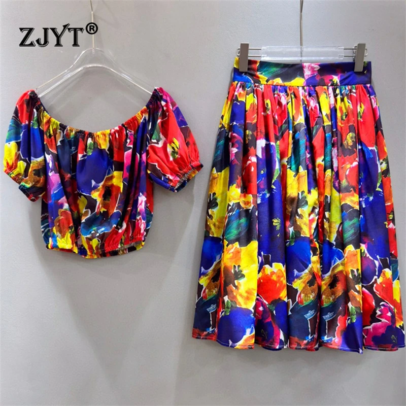 

ZJYT Summer Fancy Print Slash Neck Crop Top and Skirt Two Piece Set Women Short Sleeve Holiday Beach Dress Sets Casual Outfit