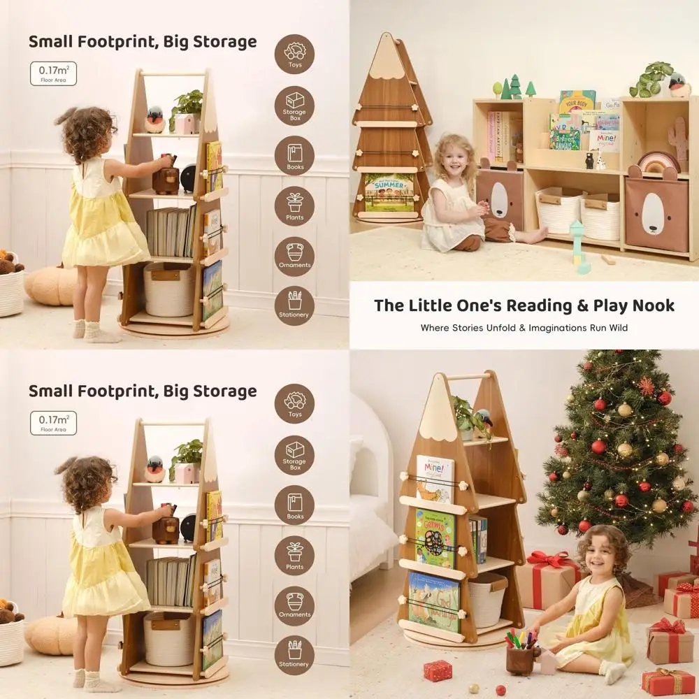 

4-Tier Rotating Wooden Bookshelf Tower for Kids Rooms, Small Spaces, and Classrooms - 360° Display Floor Standing