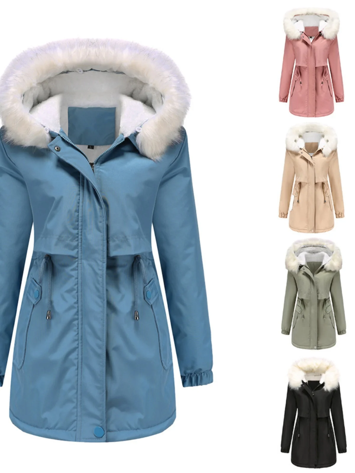 

Women's Long Sve Fce Lined Hooded Coat with Fur Collar Cotton Jaet Thiened Winter Commute Sle Color