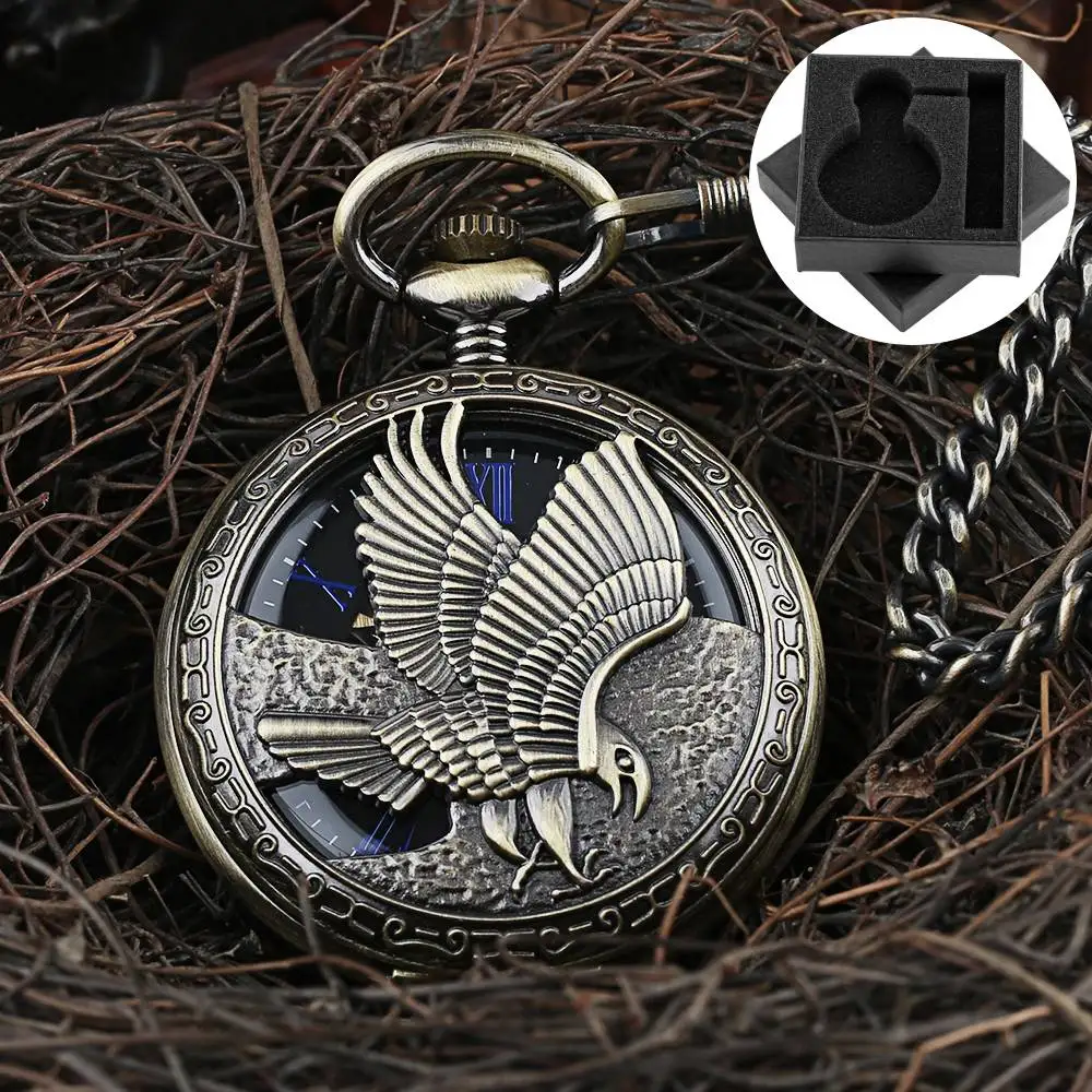 ブロンズ中空イーグル彫刻機械式手巻き懐中時計ブルーローマ数字ダイヤルフォブチェーンペンダント時計ギフト男性