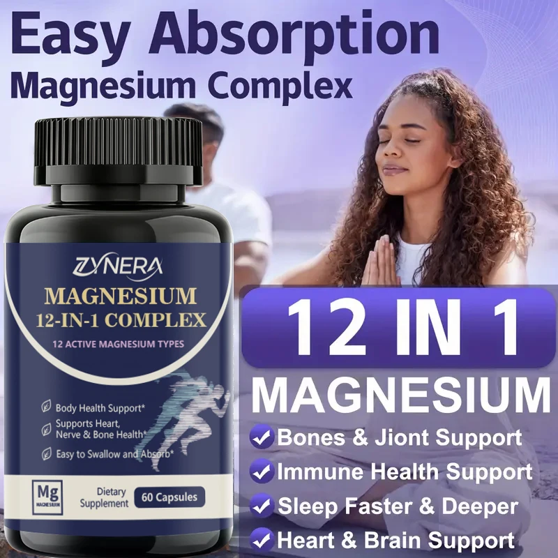 12 In 1Magnesium Complex Capsules- Magnesium Glycinate Supplement Bone Muscle Heart Health Sleep Support Stress Anxiety Relief