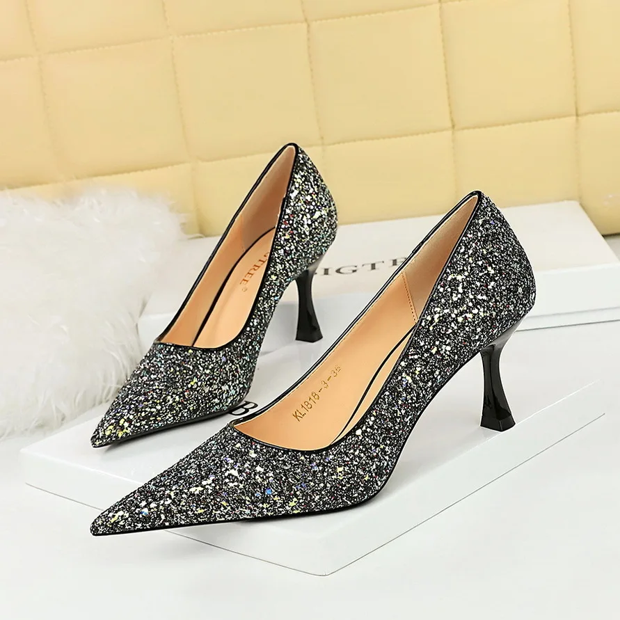 Fashion Shoes Korean Banquet Metal High Heels Shallow Mouth Sharp Sequin Cloth Single Women's Pumps туфли женские женская обувь 