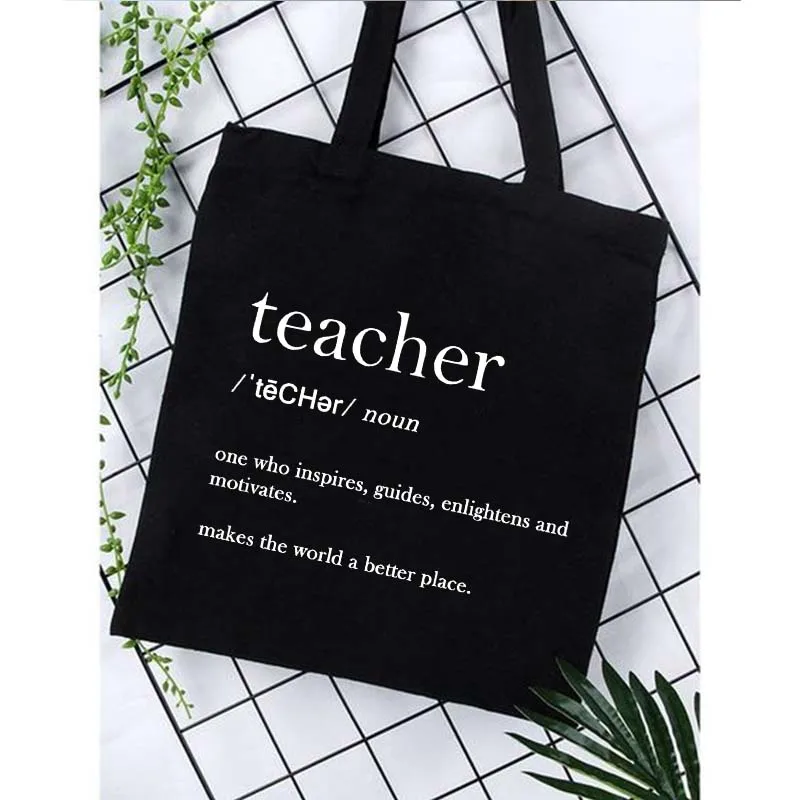 Teacher Print Canvas Black Shopping Tote Reusable Shoulder Bags Teacher Life Book Bag Handbag Back To School Season Best Gifts