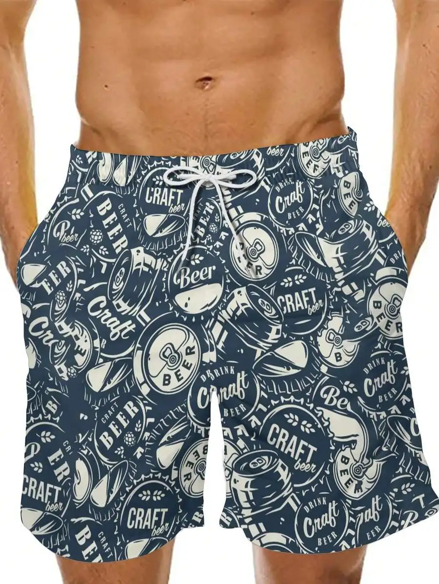 

Mens Retro Craft Beer Bottle Cap Print Beach Shorts Dark Blue Summer Casual