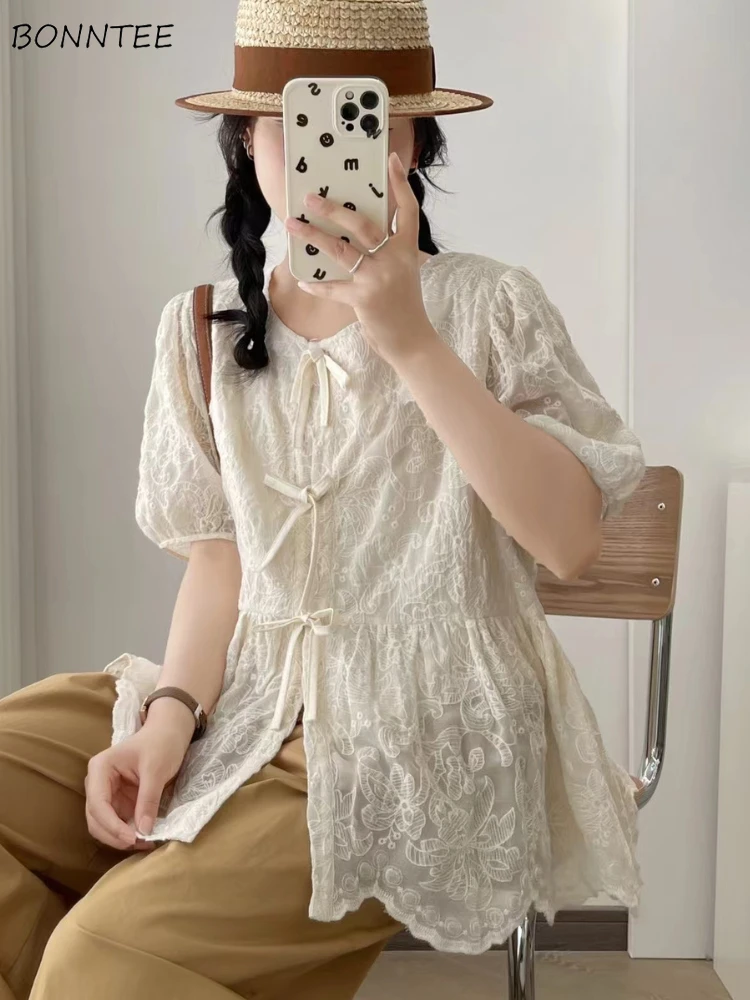 

Short Sleeve Shirts Women Lace Floral Gentle All-match Tops Spring Summer Designed Breathable Aesthetic Clothing Korean Womens