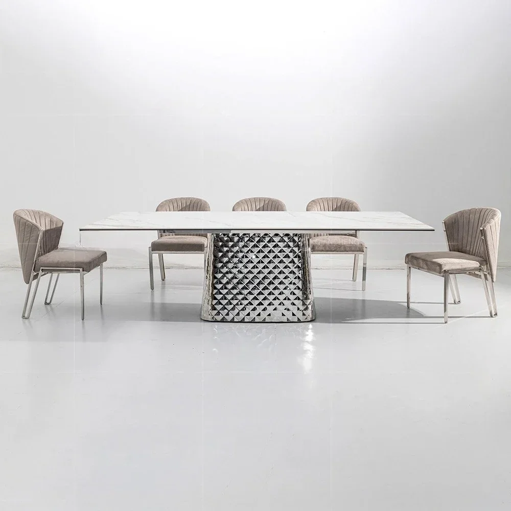 Postmodern light luxury rock slab dining table household dining table rectangular composite glass stainless