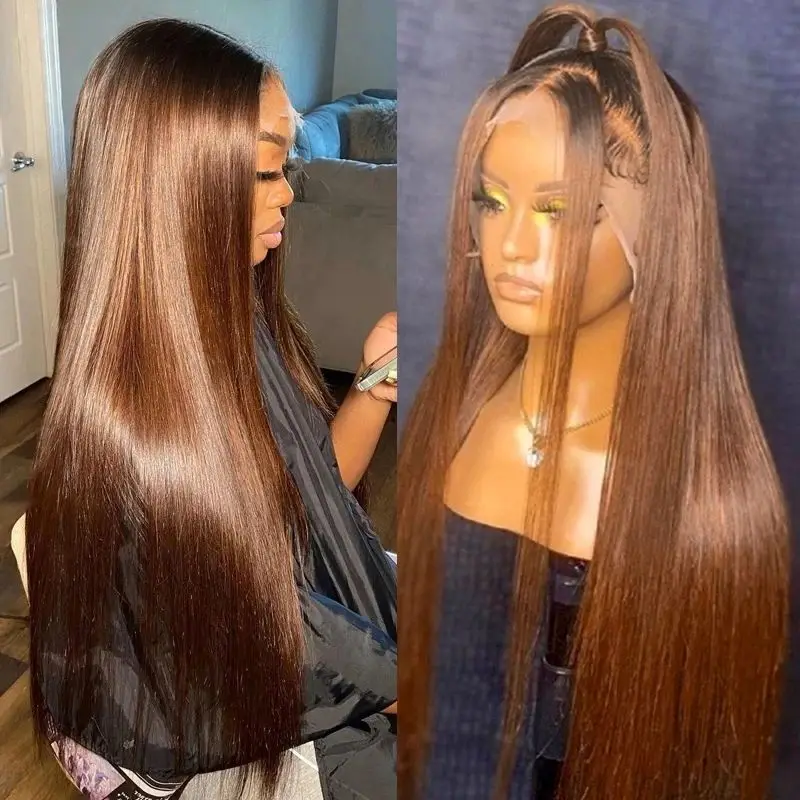 

Chocolate Brown Colored 13x6 HD Lace Front Wig Straight Human Hair Wigs For Women Pre Plucked Transparent Lace Frontal Wig