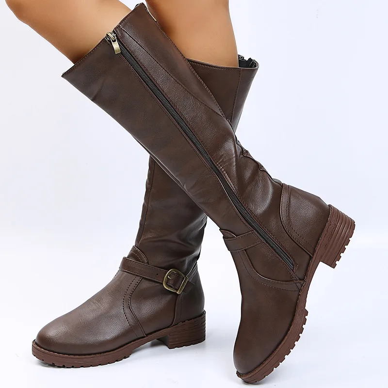 Women Straight Boots Vintage Leather Long Knight Boot Square Heel Knee High Boot Buckle Zipper British Style Winter Female Shoes