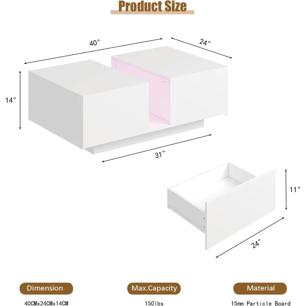 White Led Coffee Table for Living Room, Rectangular Living Room Table with Storage, Acrylic Coffee Tables with 2 Sliding Drawers