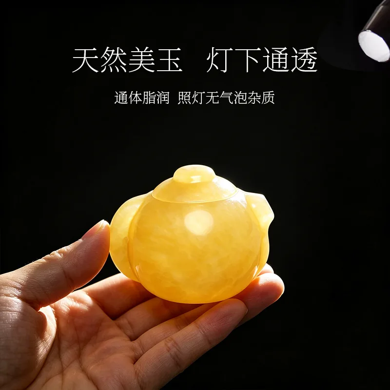Beige jade teapot handle piece, jadeite small teapot toy, men's portable fun cultural toy for hand play