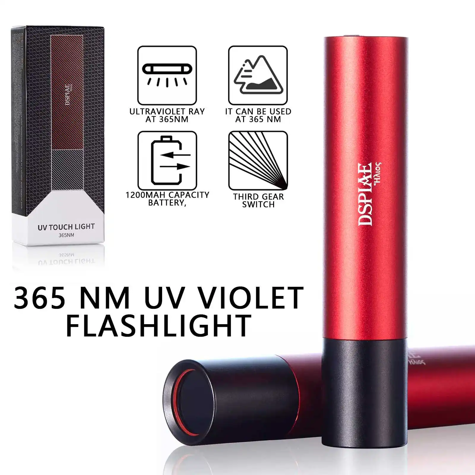 DSPIAE Latarka ultrafioletowa 365NM UV UV-T Nano Violet Latarka ręczna Narzędzie czerwone Micro-USB 3 biegi Adust 3W 1200mah 120*45*30mm